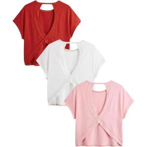 image:imageWomens 3 Packs Open Back Tops T Shirt Criss Cross Cut Out Tee Short Sleeve Crewneck Summer Backless TopsPink Multicolor