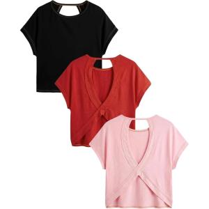 image:imageWomens 3 Packs Open Back Tops T Shirt Criss Cross Cut Out Tee Short Sleeve Crewneck Summer Backless TopsPink Red Black