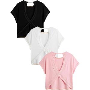 image:imageWomens 3 Packs Open Back Tops T Shirt Criss Cross Cut Out Tee Short Sleeve Crewneck Summer Backless TopsPink White Black