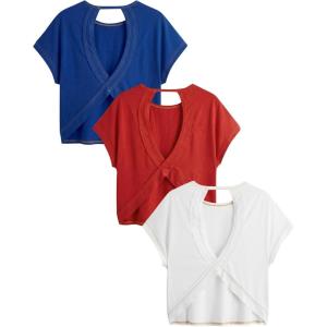 image:imageWomens 3 Packs Open Back Tops T Shirt Criss Cross Cut Out Tee Short Sleeve Crewneck Summer Backless TopsRed White Blue