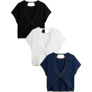 image:imageWomens 3 Packs Open Back Tops T Shirt Criss Cross Cut Out Tee Short Sleeve Crewneck Summer Backless TopsWhite Blue Black