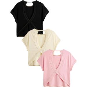 image:imageWomens 3 Packs Open Back Tops T Shirt Criss Cross Cut Out Tee Short Sleeve Crewneck Summer Backless TopsWhite Pink Black