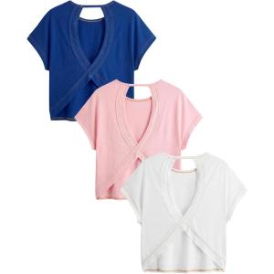 image:imageWomens 3 Packs Open Back Tops T Shirt Criss Cross Cut Out Tee Short Sleeve Crewneck Summer Backless TopsWhite Pink Blue