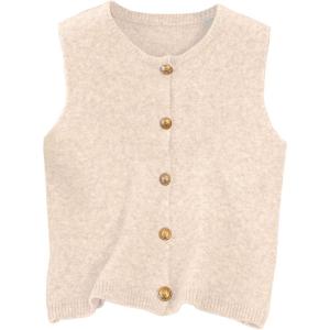 image:imageWomens Button Down Sweater Vest Sleeveless Crewneck Knit Outerwear Old Money KnitwearApricot