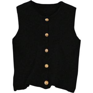 image:imageWomens Button Down Sweater Vest Sleeveless Crewneck Knit Outerwear Old Money KnitwearBlack