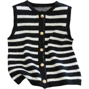 image:imageWomens Button Down Sweater Vest Sleeveless Crewneck Knit Outerwear Old Money KnitwearBlack and White