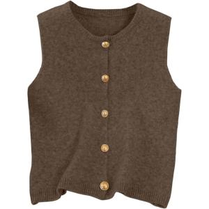 image:imageWomens Button Down Sweater Vest Sleeveless Crewneck Knit Outerwear Old Money KnitwearBrown
