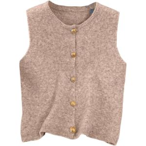 image:imageWomens Button Down Sweater Vest Sleeveless Crewneck Knit Outerwear Old Money KnitwearKhaki