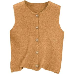 image:imageWomens Button Down Sweater Vest Sleeveless Crewneck Knit Outerwear Old Money KnitwearYellow