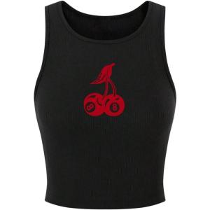 image:imageWomens Cherry Print Cropped Tank Top Scoop Neck Sleeveless Slim Fit Summer TopsBlack