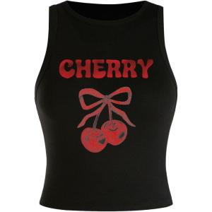 image:imageWomens Cherry Print Cropped Tank Top Scoop Neck Sleeveless Slim Fit Summer TopsBlack Red