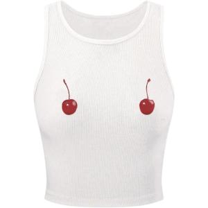 image:imageWomens Cherry Print Cropped Tank Top Scoop Neck Sleeveless Slim Fit Summer TopsWhite