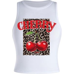 image:imageWomens Cherry Print Cropped Tank Top Scoop Neck Sleeveless Slim Fit Summer TopsWhite Cheetah