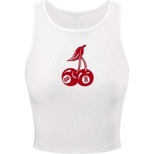 image:imageWomens Cherry Print Cropped Tank Top Scoop Neck Sleeveless Slim Fit Summer TopsWhite Red