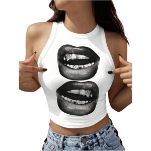 image:imageWomens Cherry Print Cropped Tank Top Scoop Neck Sleeveless Slim Fit Summer TopsWhite and Grey