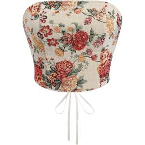 image:imageWomens Floral Embroidery Strapless Tube Top Lace Up Y2K Corset Crop TopsApricot