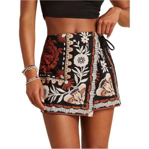 image:imageWomens Floral Graphic Skirt Shorts Drawstring Waist Tropical Boho Wrap SkortsBlack