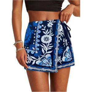 image:imageWomens Floral Graphic Skirt Shorts Drawstring Waist Tropical Boho Wrap SkortsBlue