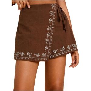 image:imageWomens Floral Graphic Skirt Shorts Drawstring Waist Tropical Boho Wrap SkortsBrown