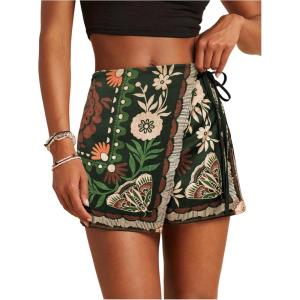 image:imageWomens Floral Graphic Skirt Shorts Drawstring Waist Tropical Boho Wrap SkortsDark Green