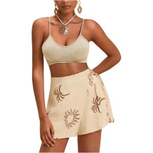 image:imageWomens Floral Graphic Skirt Shorts Drawstring Waist Tropical Boho Wrap SkortsKhaki