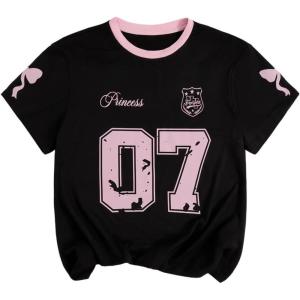 image:imageWomens Graphic Letter Tee Crew Neck Drop Shoulder Trendy Summer T Shirt Short Sleeve Vintage Car Print TopBlack and Pink