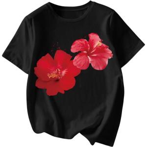 image:imageWomens Graphic Letter Tee Crew Neck Drop Shoulder Trendy Summer T Shirt Short Sleeve Vintage Car Print TopFloral Black