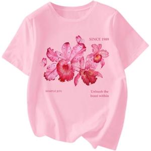 image:imageWomens Graphic Letter Tee Crew Neck Drop Shoulder Trendy Summer T Shirt Short Sleeve Vintage Car Print TopFloral Pink