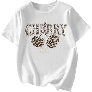 image:imageWomens Graphic Letter Tee Crew Neck Drop Shoulder Trendy Summer T Shirt Short Sleeve Vintage Car Print TopLeopard White