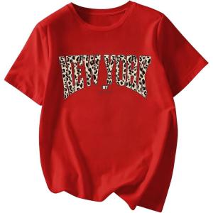 image:imageWomens Graphic Letter Tee Crew Neck Drop Shoulder Trendy Summer T Shirt Short Sleeve Vintage Car Print TopLetter Red