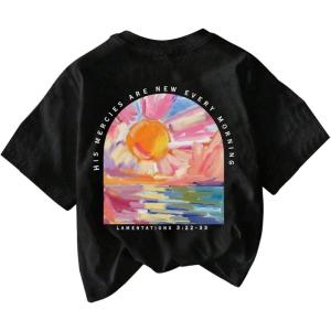 image:imageWomens Graphic Letter Tee Crew Neck Drop Shoulder Trendy Summer T Shirt Short Sleeve Vintage Car Print TopMix Black