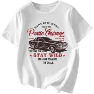image:imageWomens Graphic Letter Tee Crew Neck Drop Shoulder Trendy Summer T Shirt Short Sleeve Vintage Car Print TopRetro White