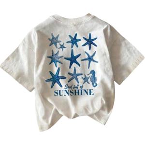 image:imageWomens Graphic Letter Tee Crew Neck Drop Shoulder Trendy Summer T Shirt Short Sleeve Vintage Car Print TopStar White and Blue