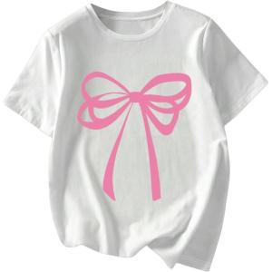 image:imageWomens Graphic Letter Tee Crew Neck Drop Shoulder Trendy Summer T Shirt Short Sleeve Vintage Car Print TopWhite and Bow Pink