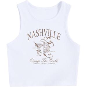 image:imageWomens Graphic Y2k Ribbed Tank Tops Sleeveless Martini Casual Slim Fit Summer Crop TopBrown White