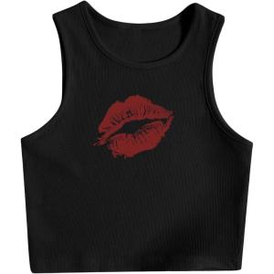 image:imageWomens Graphic Y2k Ribbed Tank Tops Sleeveless Martini Casual Slim Fit Summer Crop TopLight Black