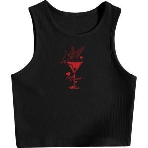 image:imageWomens Graphic Y2k Ribbed Tank Tops Sleeveless Martini Casual Slim Fit Summer Crop TopMix Black
