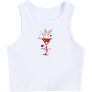 image:imageWomens Graphic Y2k Ribbed Tank Tops Sleeveless Martini Casual Slim Fit Summer Crop TopMix White