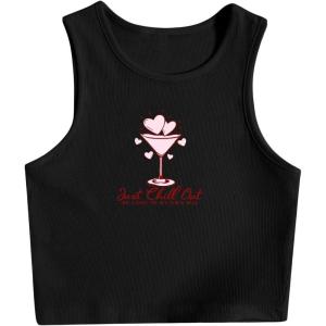 image:imageWomens Graphic Y2k Ribbed Tank Tops Sleeveless Martini Casual Slim Fit Summer Crop TopMuti Black