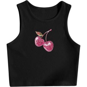 image:imageWomens Graphic Y2k Ribbed Tank Tops Sleeveless Martini Casual Slim Fit Summer Crop TopPink Black