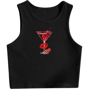 image:imageWomens Graphic Y2k Ribbed Tank Tops Sleeveless Martini Casual Slim Fit Summer Crop TopPrint Black