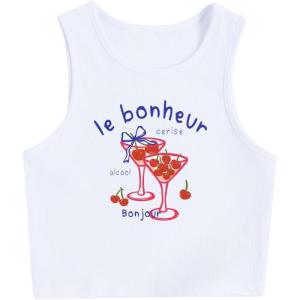 image:imageWomens Graphic Y2k Ribbed Tank Tops Sleeveless Martini Casual Slim Fit Summer Crop TopRed White