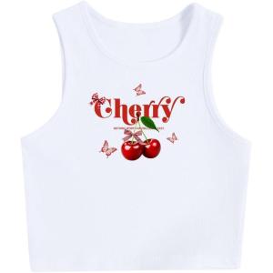 image:imageWomens Graphic Y2k Ribbed Tank Tops Sleeveless Martini Casual Slim Fit Summer Crop TopWhite Red Cherry