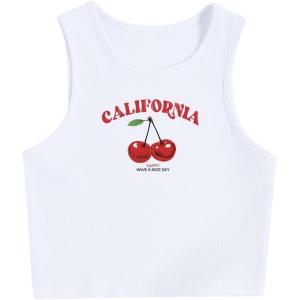 image:imageWomens Graphic Y2k Ribbed Tank Tops Sleeveless Martini Casual Slim Fit Summer Crop TopWhite With Red