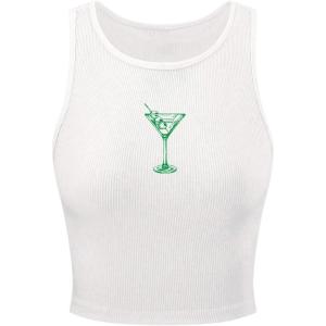 image:imageWomens Graphic Y2k Ribbed Tank Tops Sleeveless Martini Casual Slim Fit Summer Crop TopWhite and Green