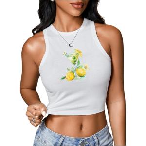 image:imageWomens Graphic Y2k Ribbed Tank Tops Sleeveless Martini Casual Slim Fit Summer Crop TopYellow and White