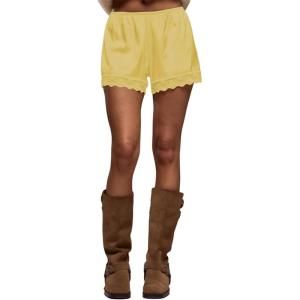 image:imageWomens Lace Trim Satin Shorts Shiny Elastic Waist Mini Shorts French KnickersLight Yellow