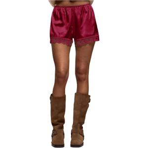 image:imageWomens Lace Trim Satin Shorts Shiny Elastic Waist Mini Shorts French KnickersWine Red