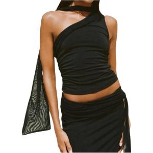 image:imageWomens Leopard Asymmetrical Halter Tops Sleeveless Slim Fit Summer Going Out Y2K Crop Tank TopBlack