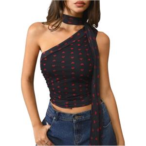 image:imageWomens Leopard Asymmetrical Halter Tops Sleeveless Slim Fit Summer Going Out Y2K Crop Tank TopBlack Heart